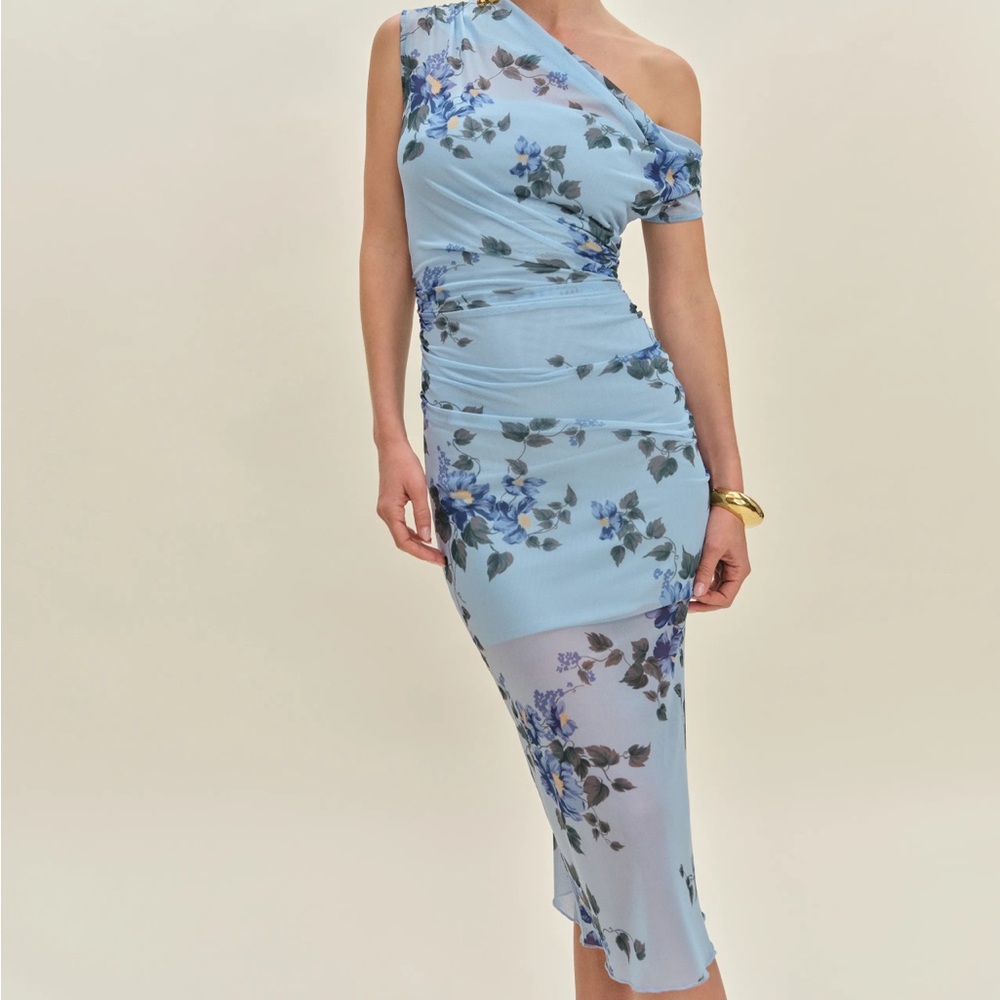 Reformation Adrielle Knit Dress. Floral One-Shoulder Blue Dress